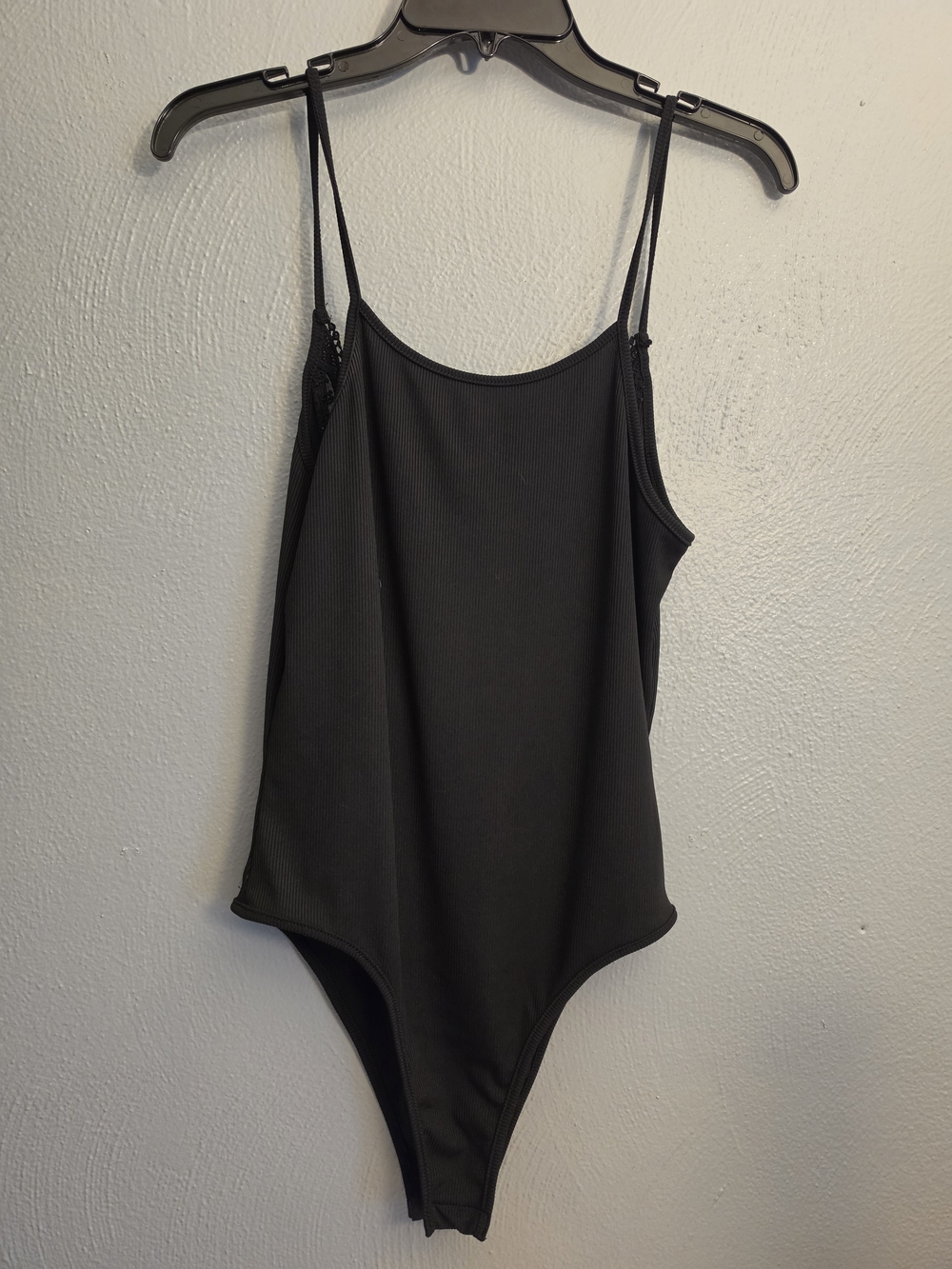 Black Ribbed Spaghetti-Strap One-Piece Bodysuit